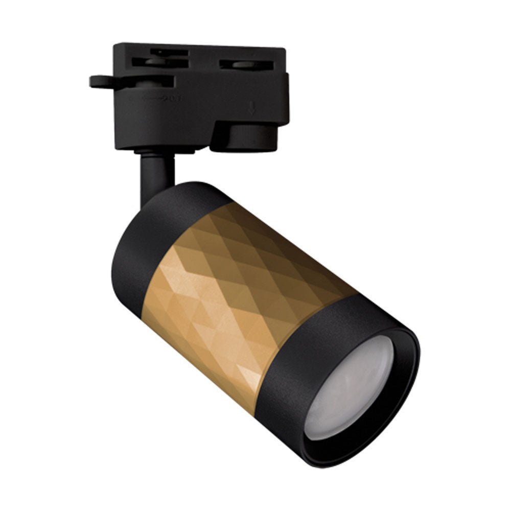 Moderne zwarte en goudkleurige railspot met diamantpatroon, cilindervormig design, schuin zijaanzicht van LED railverlichting voor plafondmontage.
