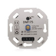 Vooraanzicht van de DM175 fase-afsnijdingsdimmer (Trailing Edge Dimmer) voor inbouw, geschikt voor 220-240V, met een belastingscapaciteit van 0,5-250W voor traditionele verlichting en 0,5-200W voor LED-verlichting.
