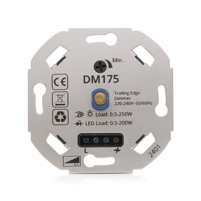 Vooraanzicht van de DM175 fase-afsnijdingsdimmer (Trailing Edge Dimmer) voor inbouw, geschikt voor 220-240V, met een belastingscapaciteit van 0,5-250W voor traditionele verlichting en 0,5-200W voor LED-verlichting.