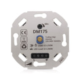 Vooraanzicht van de DM175 fase-afsnijdingsdimmer (Trailing Edge Dimmer) voor inbouw, geschikt voor 220-240V, met een belastingscapaciteit van 0,5-250W voor traditionele verlichting en 0,5-200W voor LED-verlichting.