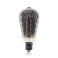 Decoratieve LED filament lamp met E27 fitting in retro ST64 design, zichtbaar spiraalvormig filament en rookglas, frontaal aanzicht.