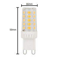 G9 LED lamp met 48 SMD LEDs, vooraanzicht met afmetingen 50mm lengte en 16mm diameter zichtbaar.