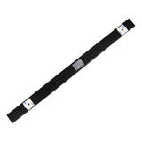 Zijaanzicht van een zwarte lineaire LED-sensorbalk met montagestickers en identificatielabel, geschikt voor industriële of automatische detectietoepassingen.