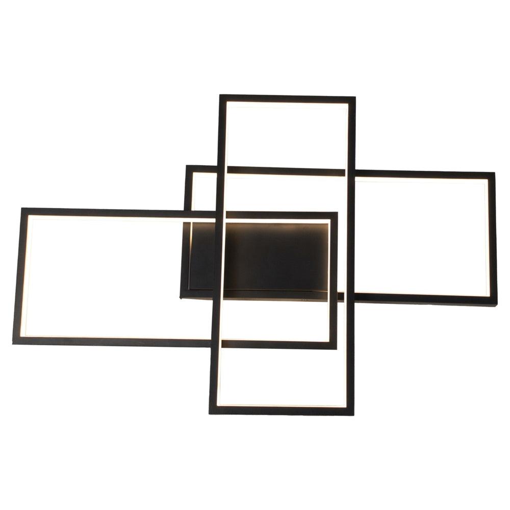 Moderne rechthoekige plafondlamp met zwart metalen frame en geïntegreerde LED-verlichting, bovenaanzicht.