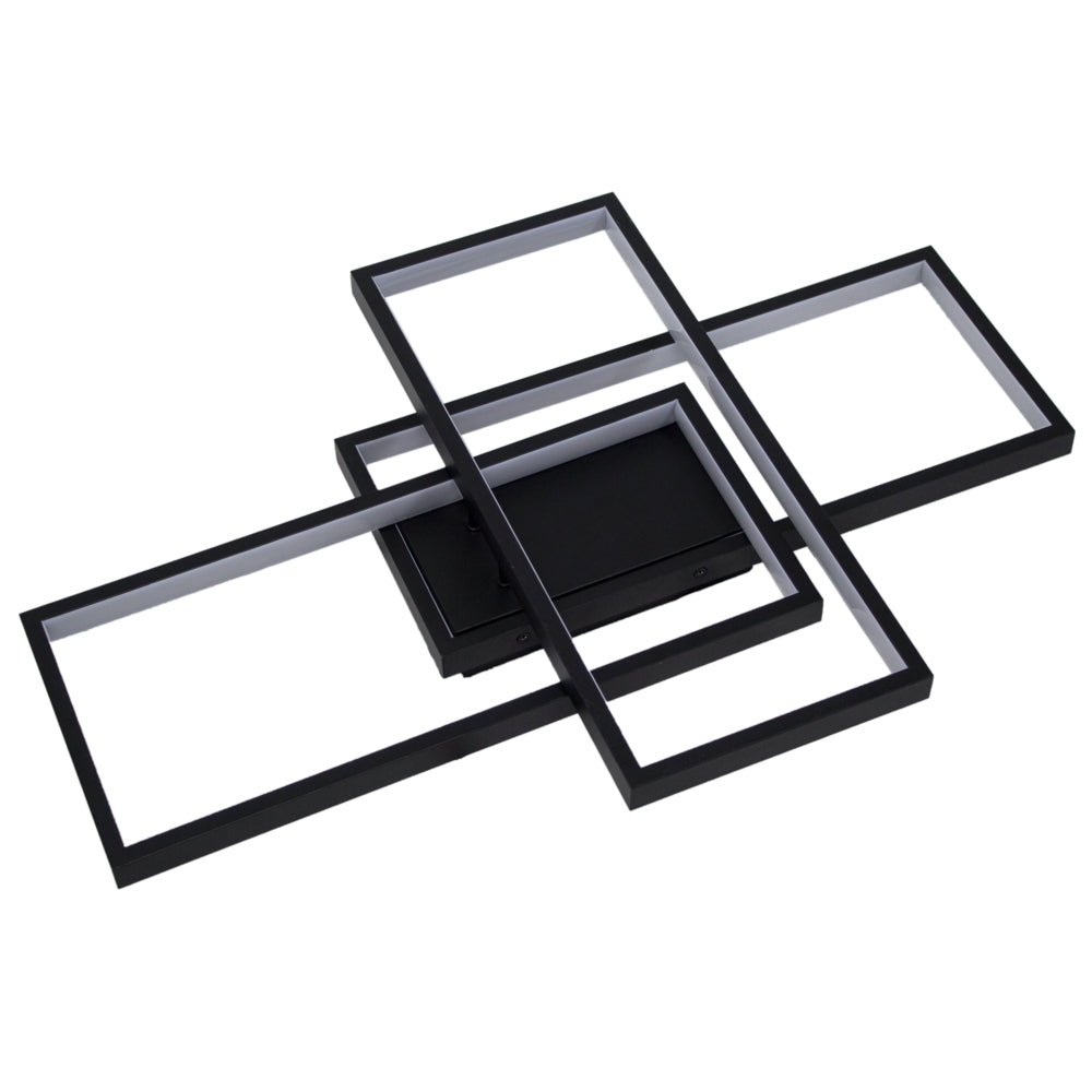 Moderne zwarte LED plafondlamp met rechthoekig design, bovenaanzicht van geometrische plafondverlichting met vier open kaders en strakke lijnen.