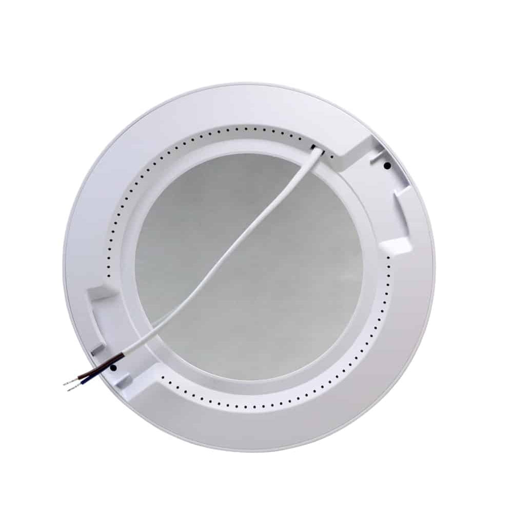 Ronde LED inbouw plafondspot met witte rand, zichtbaar vanaf de achterkant met aansluitkabels en montagepunten.