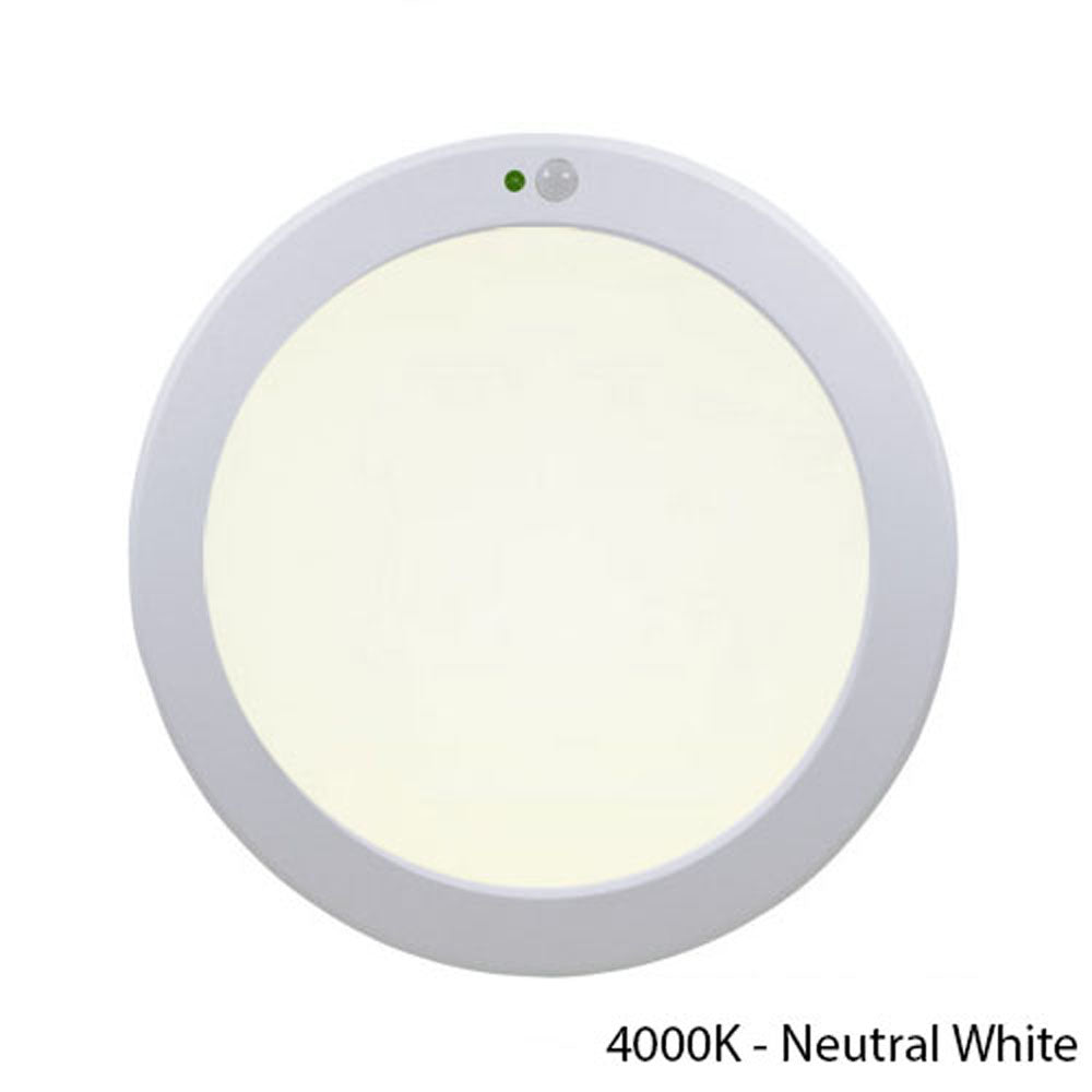 Ronde LED plafondlamp met bewegingssensor in neutraal wit licht (4000K), gefotografeerd in vooraanzicht.