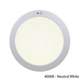 Ronde LED plafondlamp met bewegingssensor in neutraal wit licht (4000K), gefotografeerd in vooraanzicht.