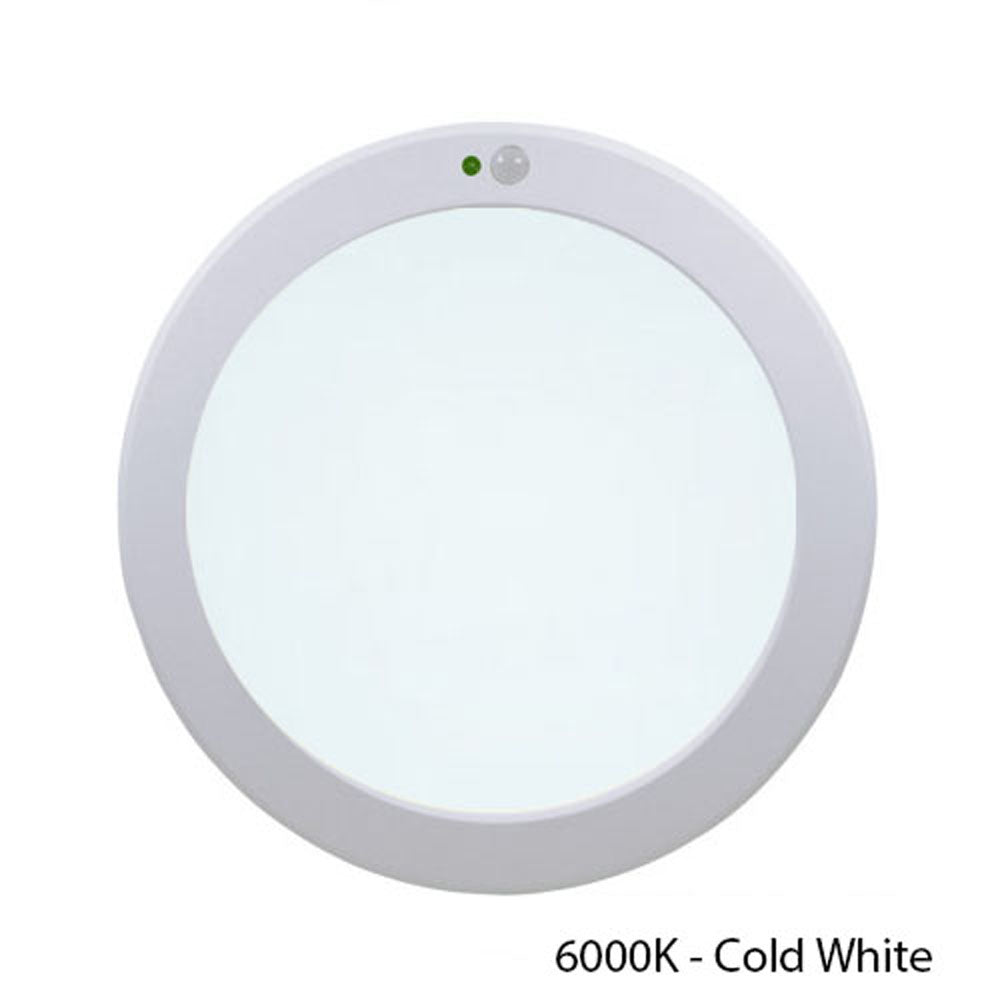 Ronde LED plafondlamp met bewegingssensor in koud wit licht (6000K), bovenaanzicht van het product.