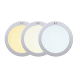 Drie ronde LED plafondlampen met bewegingssensor, weergegeven in vooraanzicht, elk met verschillende lichtkleuren: warm wit, neutraal wit en koel wit.