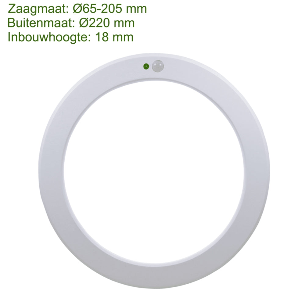 Witte ronde LED inbouwplafondlamp met sensor, bovenaanzicht; zaagmaat Ø65-205 mm, buitenmaat Ø220 mm, inbouwhoogte 18 mm.
