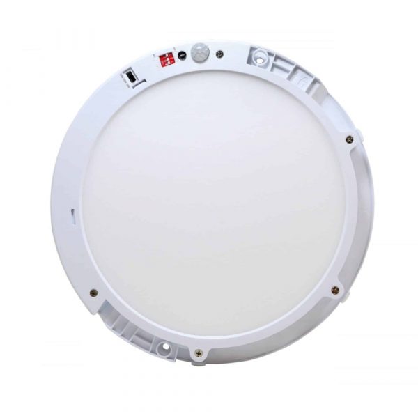 Rond LED-plafondarmatuur met bewegingssensor en instellingen, bovenaanzicht van wit model voor wand- of plafondmontage, geschikt voor binnenverlichting.