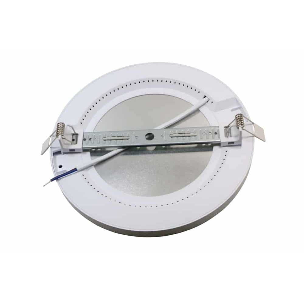 Achteraanzicht van een ronde LED inbouwspot met montageveren en elektrische bedrading zichtbaar, ideaal voor plafondmontage in woon- of bedrijfsruimtes.