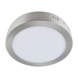 RVS LED opbouwspot rond met mat witte diffuser, schuine onderaanzicht weergave.