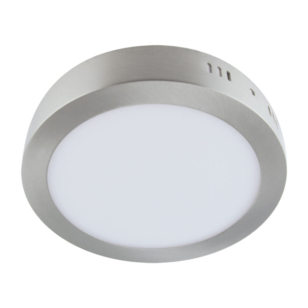 RVS LED opbouwspot rond met mat witte diffuser, schuine onderaanzicht weergave.