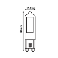 Lijntekening van een G9 LED lamp met een lengte van 60 mm en een diameter van 14,5 mm, vooraanzicht met aangegeven afmetingen.