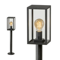 Moderne zwarte buitenlamp op sokkel met rechthoekig frame en glazen panelen, staand model met zicht op de voorzijde en een zijaanzicht van de lantaarn.
