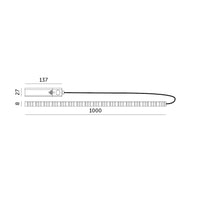 Technische lijntekening van een LED profielverlichting met afmetingen 1000 mm lengte, 27 mm hoogte en 8 mm breedte, zijaanzicht met aanduiding van voedingseenheid van 137 mm.