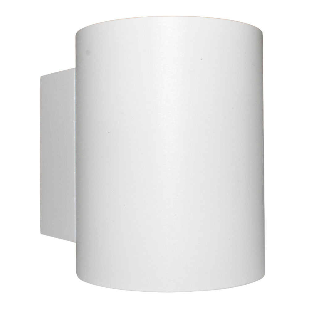 Witte cilindervormige wandlamp met modern design, vooraanzicht van een minimalistische up- en downlight buitenlamp.