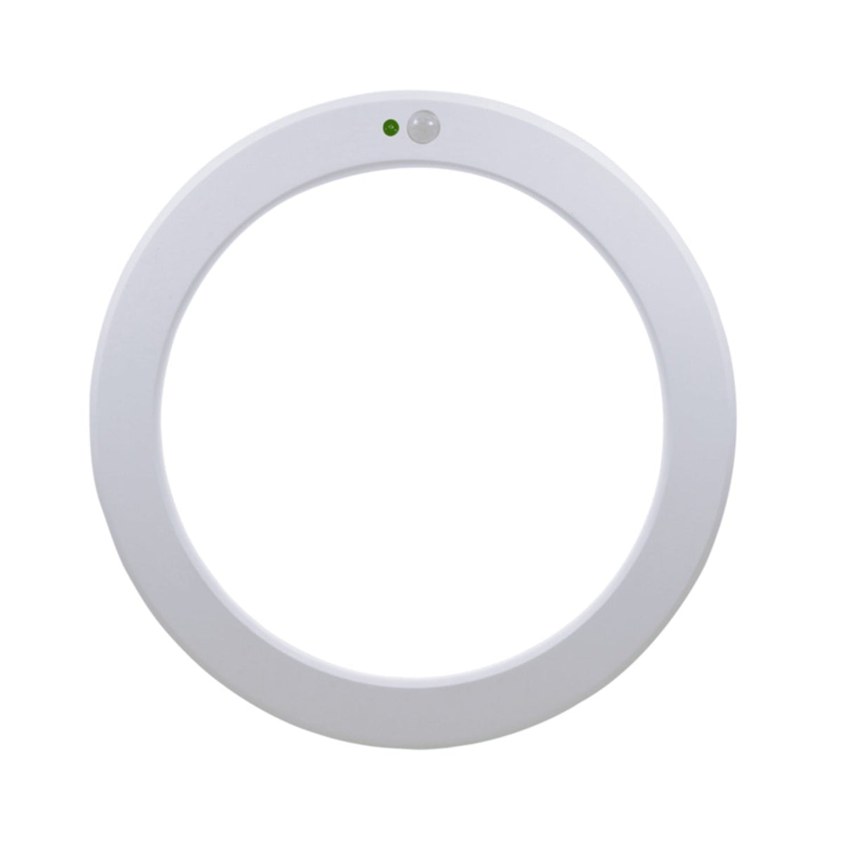 Wit ronde LED plafonnière met bewegingssensor, vooraanzicht, geschikt voor energiezuinige binnenverlichting.