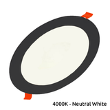 Rond LED inbouwpaneel in zwart met neutraal wit licht (4000K), bovenaanzicht met zicht op de lichtgevende zijde en montageklemmen.