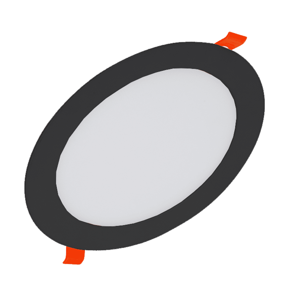 Zwarte ronde LED inbouwspot met wit lichtoppervlak, schuin bovenaanzicht, voorzien van oranje klemmen voor plafondmontage.