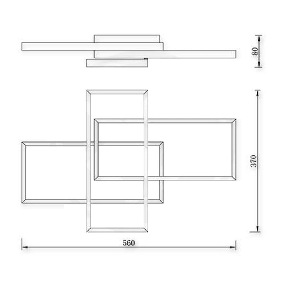 Technische tekening van moderne rechthoekige plafondlamp met afmetingen 560 mm breed, 370 mm hoog en 80 mm diep, vooraanzicht en zijaanzicht.