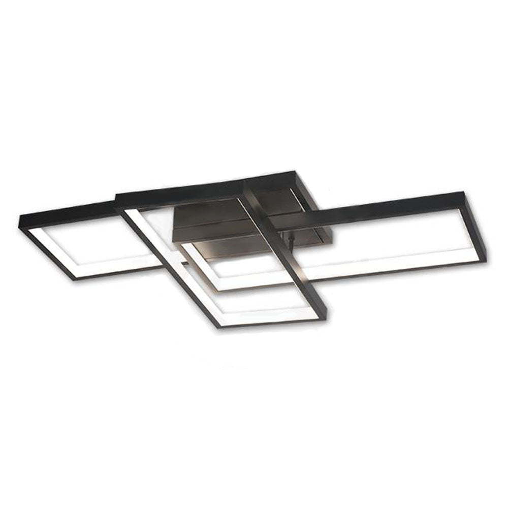 Moderne LED plafondlamp met vierkante frames in mat zwarte afwerking, gezien vanuit een schuine onderaanzicht-hoek.