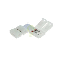 Witte LED strip connector met kliksysteem, geschikt voor 2-polige 10mm brede LED strips, met bovenaanzicht van open en gesloten aansluitingen.