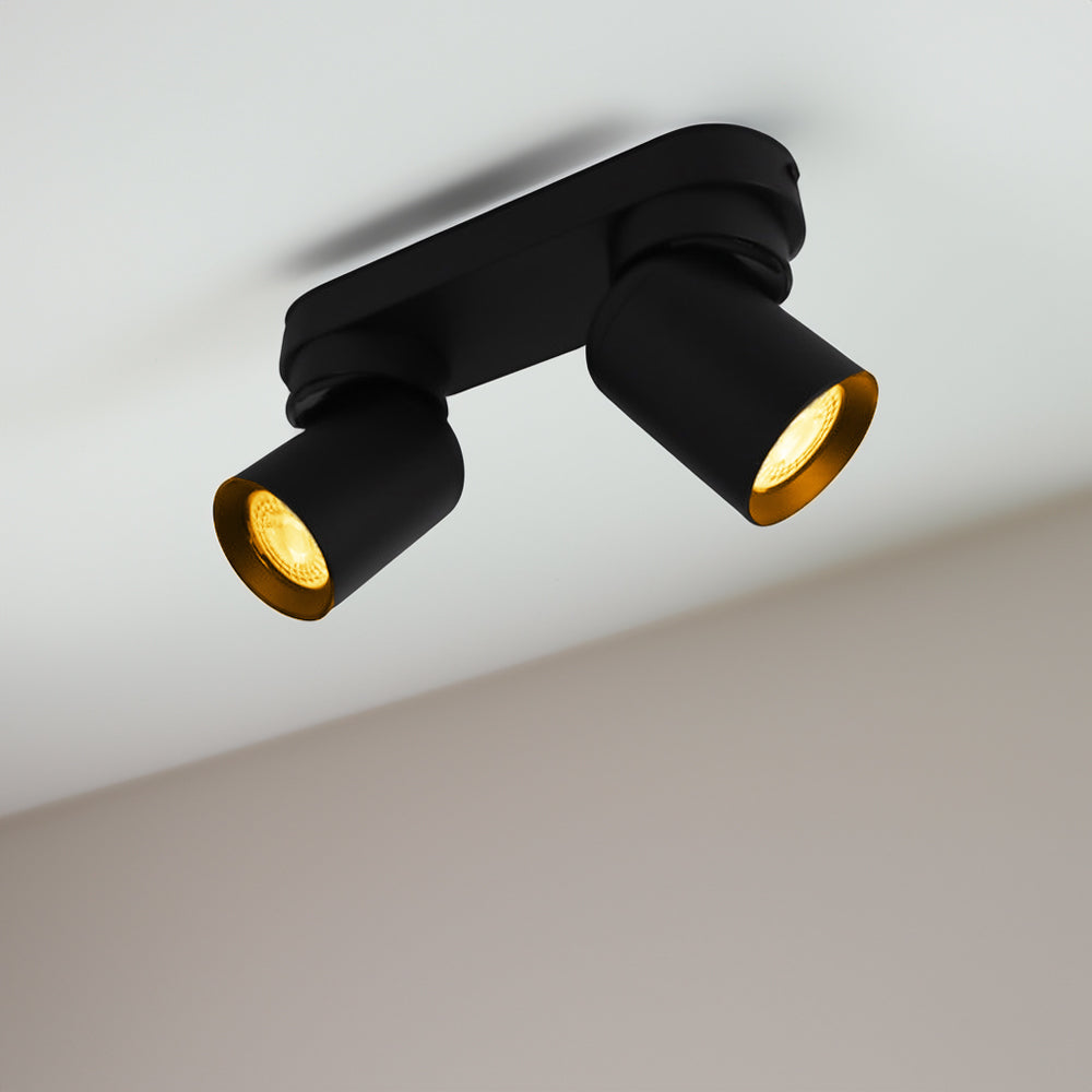 Zwarte plafondspot met twee verstelbare cilindervormige lampen, binnenzijde goudkleurig, gezien in schuin opgewaaid perspectief vanaf onderzijde.