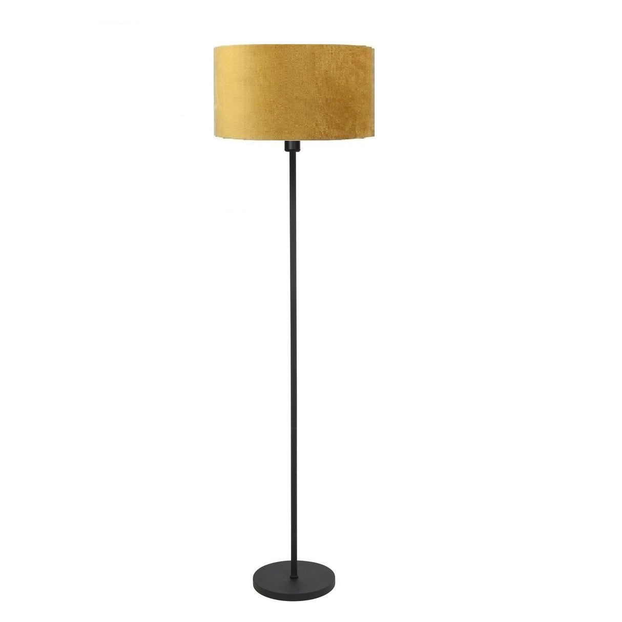 Staande vloerlamp met slanke zwarte metalen voet en ronde okergele velours lampenkap, frontaal aanzicht tegen een witte achtergrond.