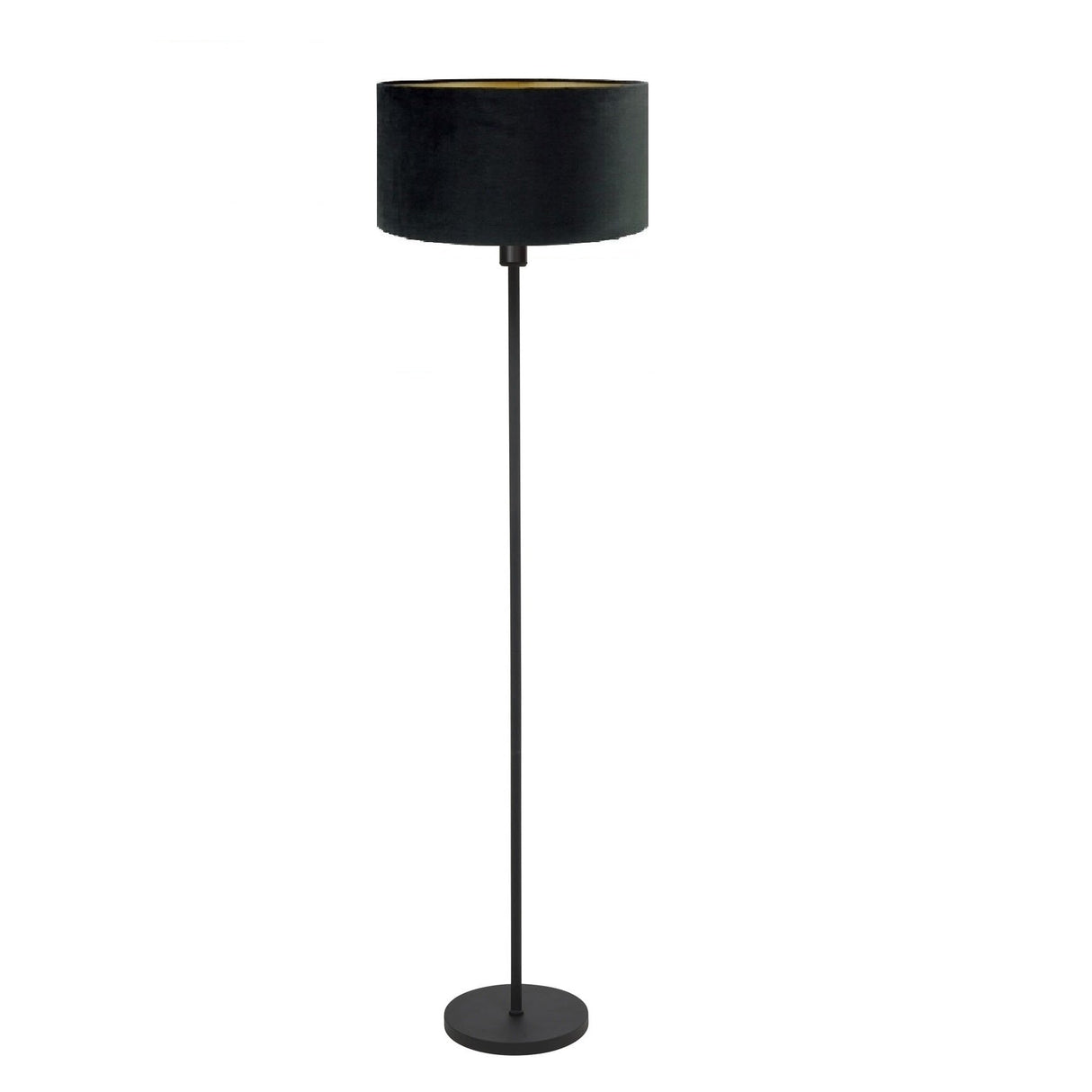 Staande lamp met zwarte ronde voet en zwarte velvet lampenkap, vooraanzicht op witte achtergrond.