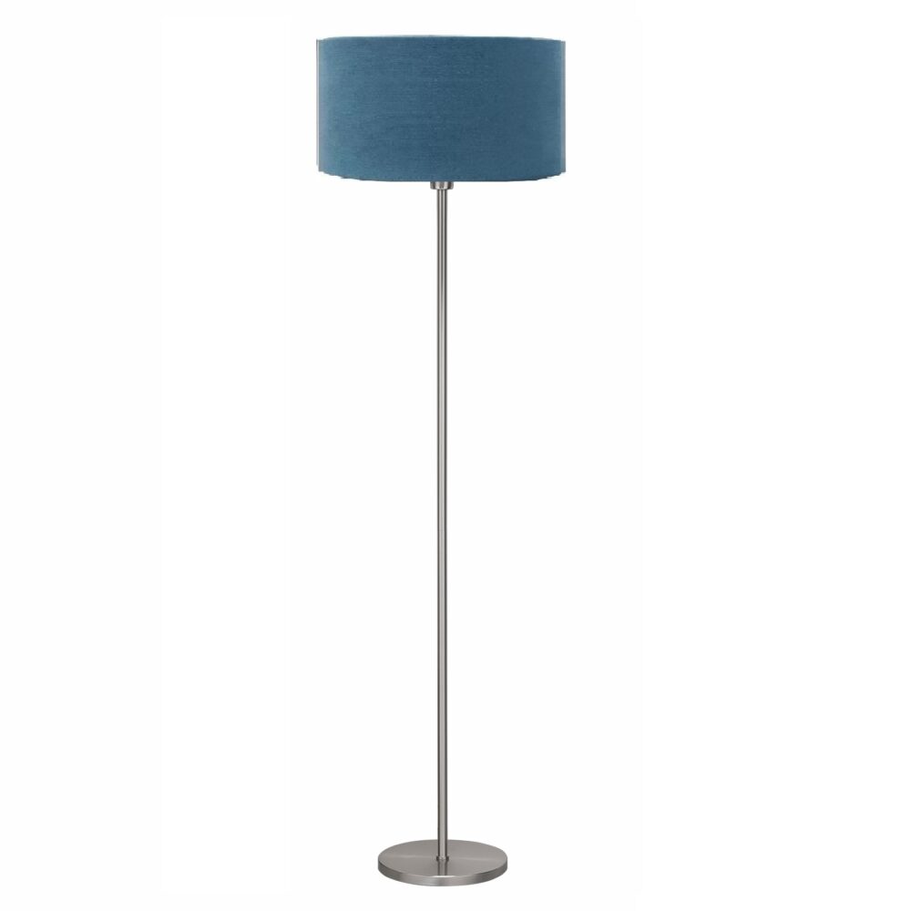 Moderne staande lamp met metalen voet en een ronde, blauwe stoffen lampenkap, vooraanzicht.