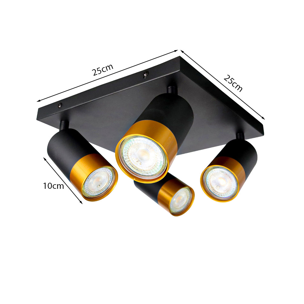 Vierkante zwarte plafondlamp met vier verstelbare LED spots in zwart en goud, afmetingen 25x25 cm, zijaanzicht van onderaf.