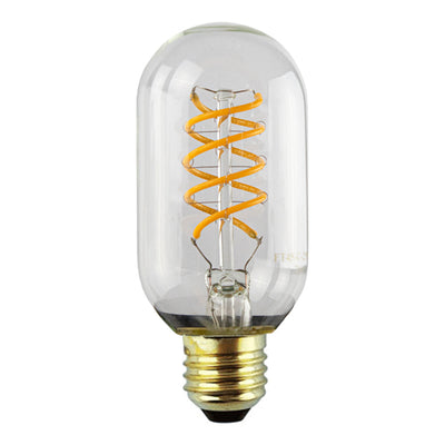 LED filament lamp met spiraalvormige gloeidraad in T45 buisvorm, frontale aanzicht tegen witte achtergrond.