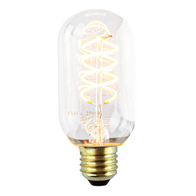 Decoratieve LED filamentlamp met E27 fitting en spiraalvormig filament, frontaal aanzicht tegen een witte achtergrond.