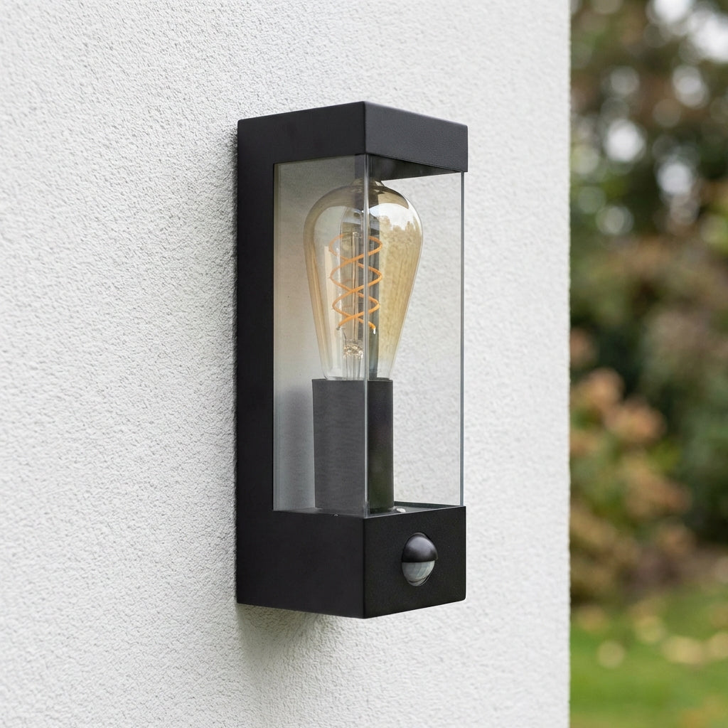 Vierkante wandlamp met bewegingsmelder | Zwart | IP44 | E27 fitting