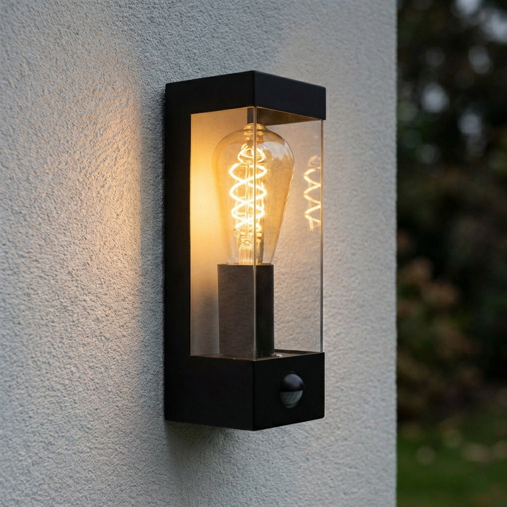 Vierkante wandlamp met bewegingsmelder | Zwart | IP44 | E27 fitting