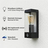 Vierkante wandlamp met bewegingsmelder | Zwart | IP44 | E27 fitting