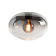 Ronde plafondlamp met rookglas en zichtbaar filament, moderne designlamp gezien vanaf de zijkant met frontaal aanzicht van de gloeilamp.
