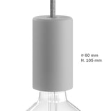 Close-up vooraanzicht van een grijze cilindervormige lampfitting met snoer, geschikt voor E27 lichtbronnen, met afmetingen van 60 mm diameter en 105 mm hoogte.