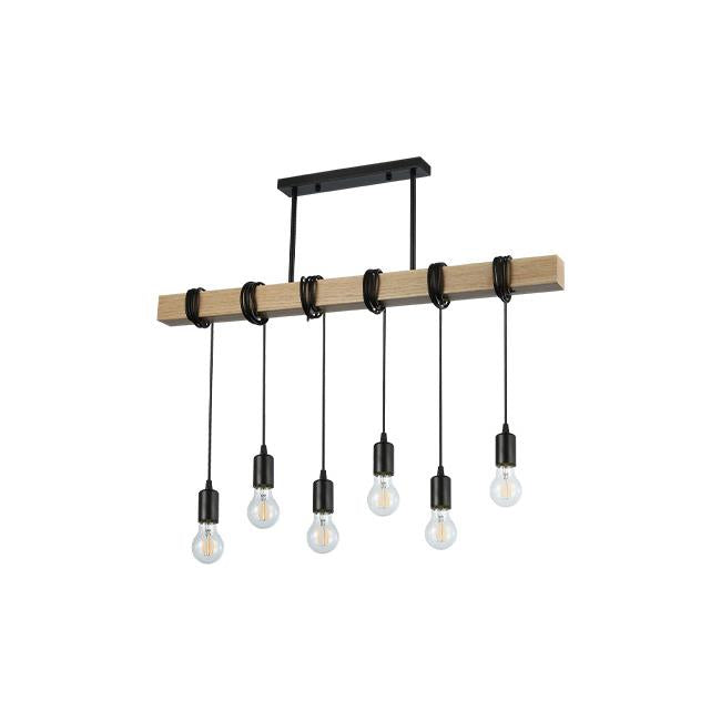 Landelijke Hanglamp Hout 6 x E27 fitting - Zwart