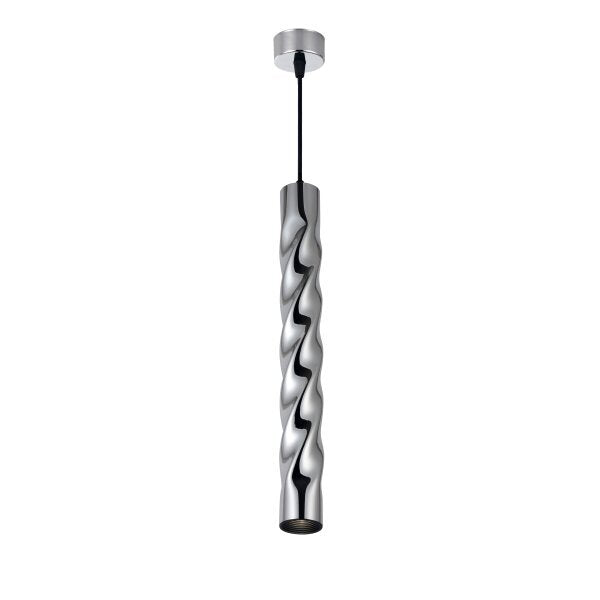Moderne hanglamp met slank, cilindrisch ontwerp en golvend patroon in chroomafwerking, frontaal aanzicht tegen een witte achtergrond.