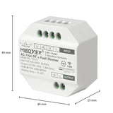 Miboxer AC Triac RF + Push Dimmer (model TRI-C1) met afmetingen 49x49x25 mm, schuin vooraanzicht met zicht op input/output aansluitingen en technische specificaties, wit kunststof behuizing geschikt voor 2.4G draadloze bediening.