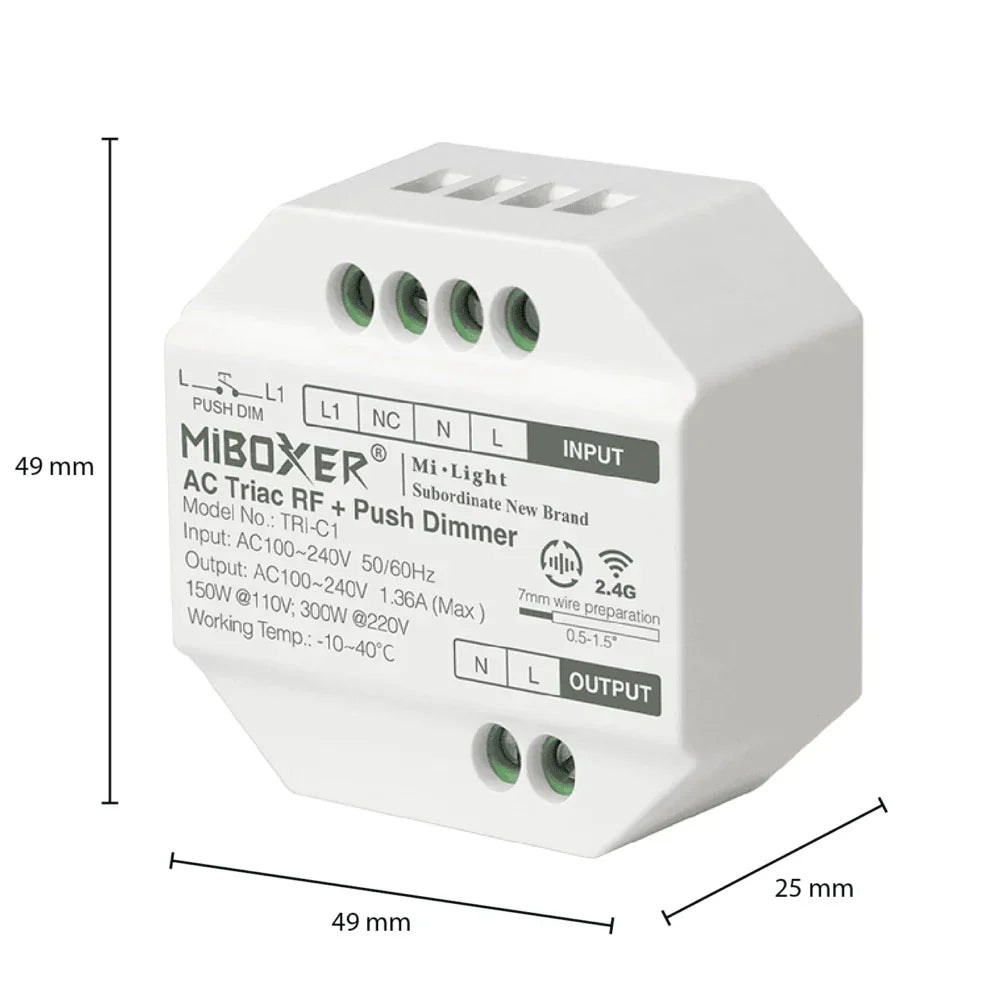 Miboxer AC Triac RF + Push Dimmer (model TRI-C1) met afmetingen 49x49x25 mm, schuin vooraanzicht met zicht op input/output aansluitingen en technische specificaties, wit kunststof behuizing geschikt voor 2.4G draadloze bediening.