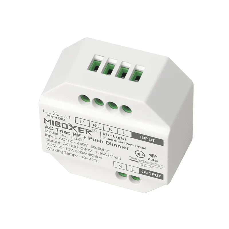 MiBoxer AC Triac RF Push Dimmer TRI-C1, bovenaanzicht schuin van voren met zicht op aansluitpoorten en productinformatie op de behuizing.