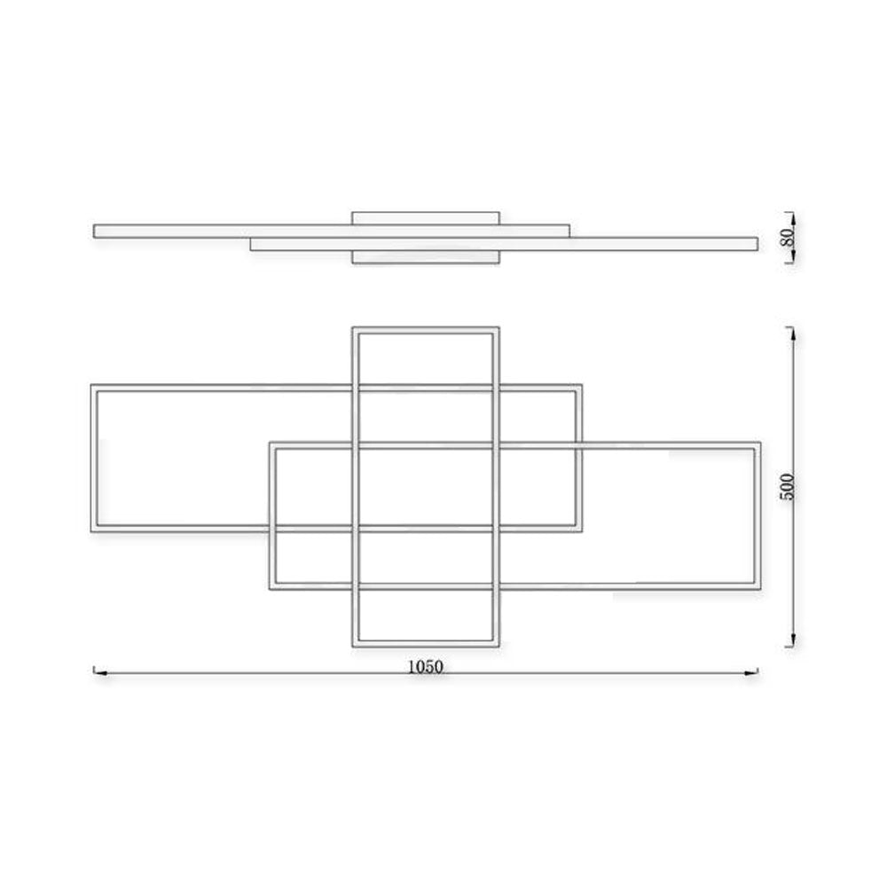Technische tekening van een moderne rechthoekige plafondlamp in geometrisch design, met afmetingen 1050 mm breed, 500 mm hoog en 80 mm diep, vooraanzicht en zijaanzicht weergegeven.