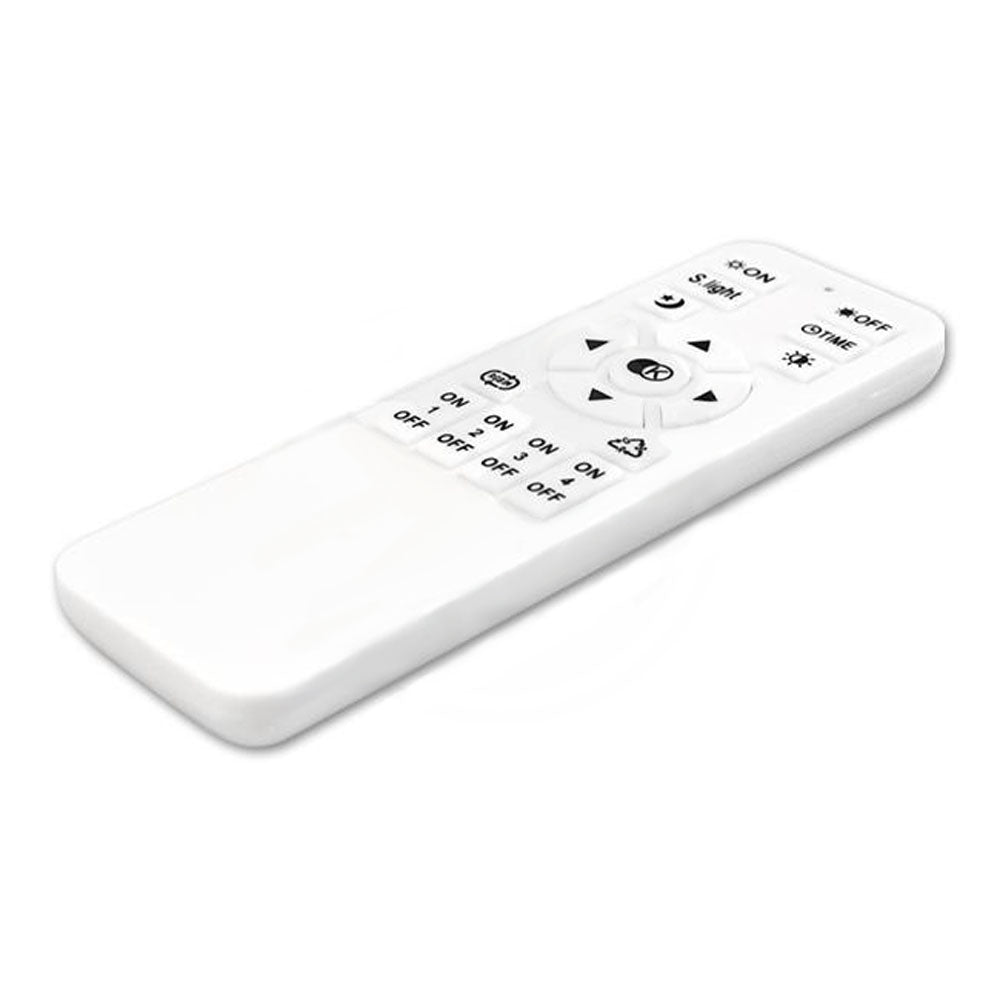 Witte afstandsbediening voor LED-verlichting, schuin bovenaanzicht met duidelijke weergave van knoppen voor helderheid, timer, en lichtmodi.