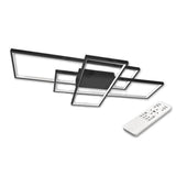 Moderne rechthoekige LED plafondlamp met afstandsbediening, zwart frame design – schuin onderaanzicht op witte achtergrond.