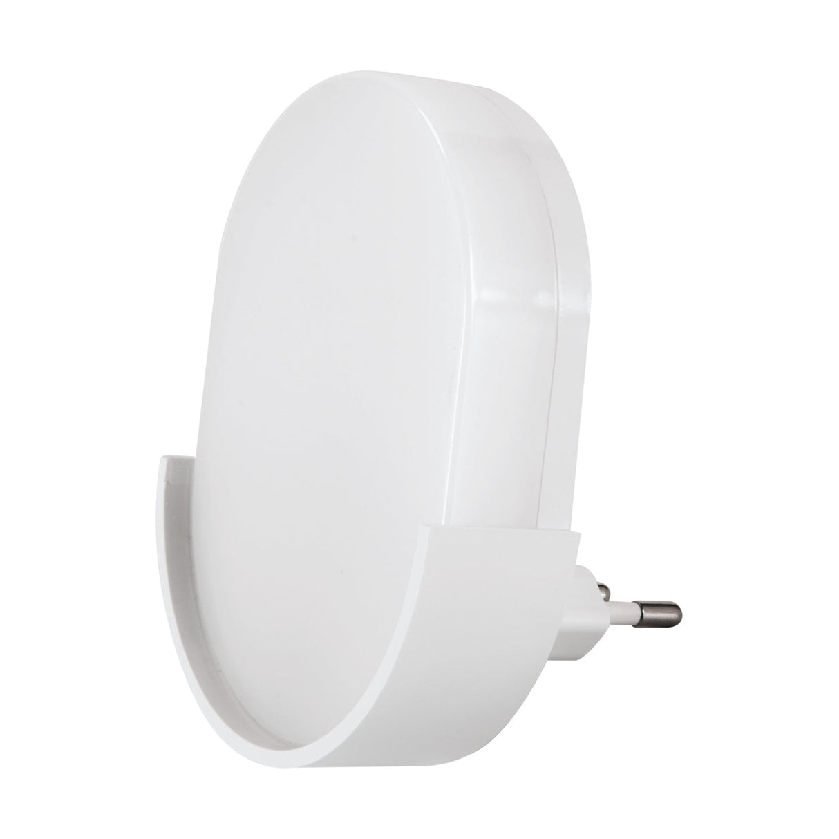 Witte LED nachtlamp met stekker, schuin zijaanzicht, modern ovaal ontwerp met geïntegreerde houder.